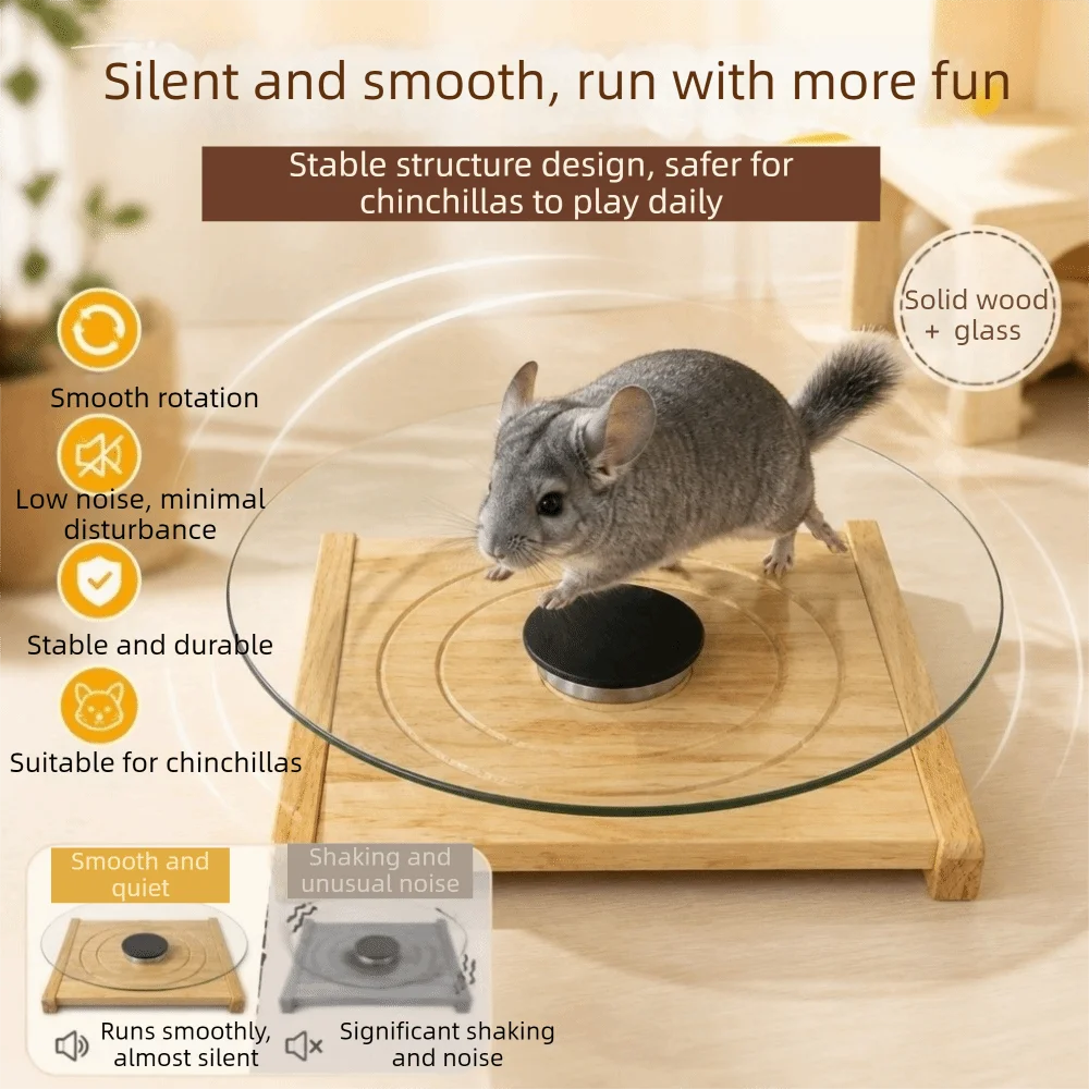 Durable Glass Hamster Running Wheel Long-Lasting Stable Chinchilla Running Plate Silent with Wood Base Pet Exercise Rats