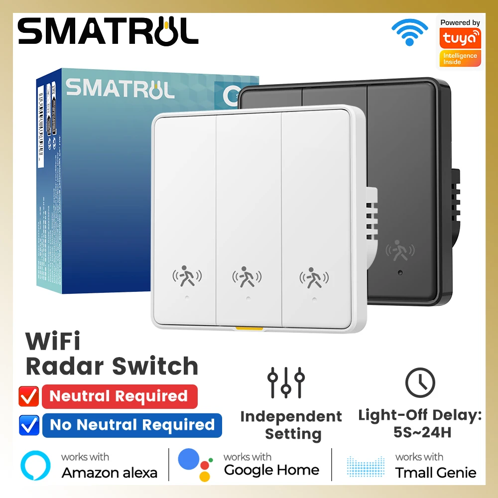 SMATRUL Tuya WiFi Smart 10G Human Induction Radar Motion Sensor Switch 2-in-1 Neutral & No Neutral Wire 110-240V Smart EU Wall
