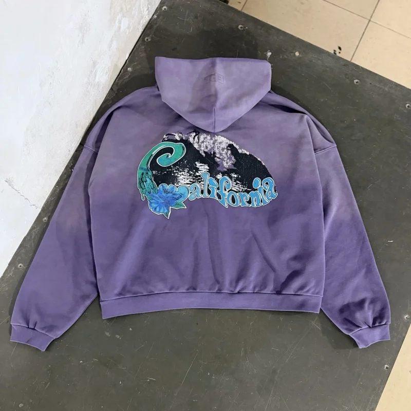 Vintage Washed Purple Gradient Zip Up Hoodie Men California Graphic Print Street Sweatshirt