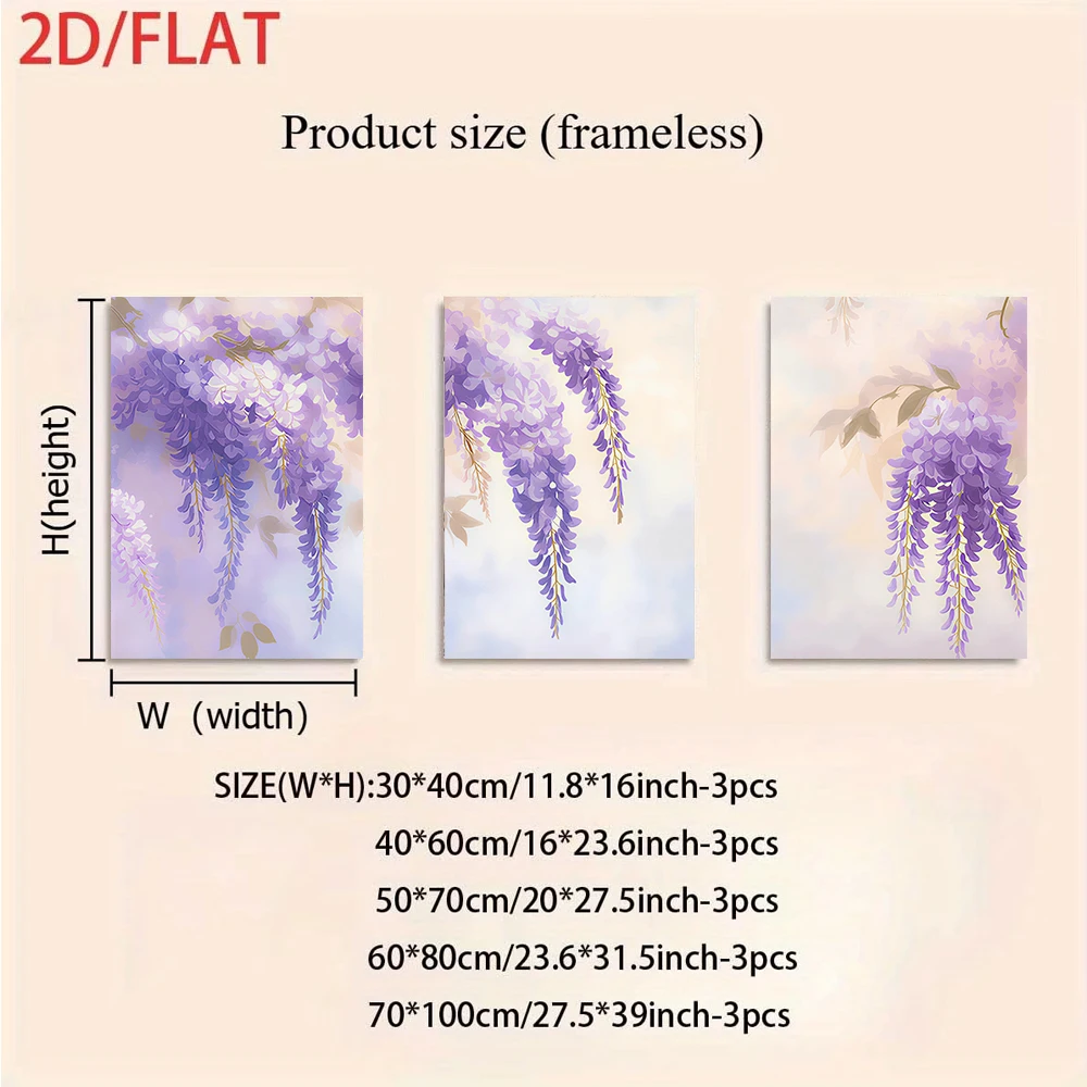 1 set of wisteria flower triptych frameless decorative paintings, modern minimalist background wall decoration, 2D plan