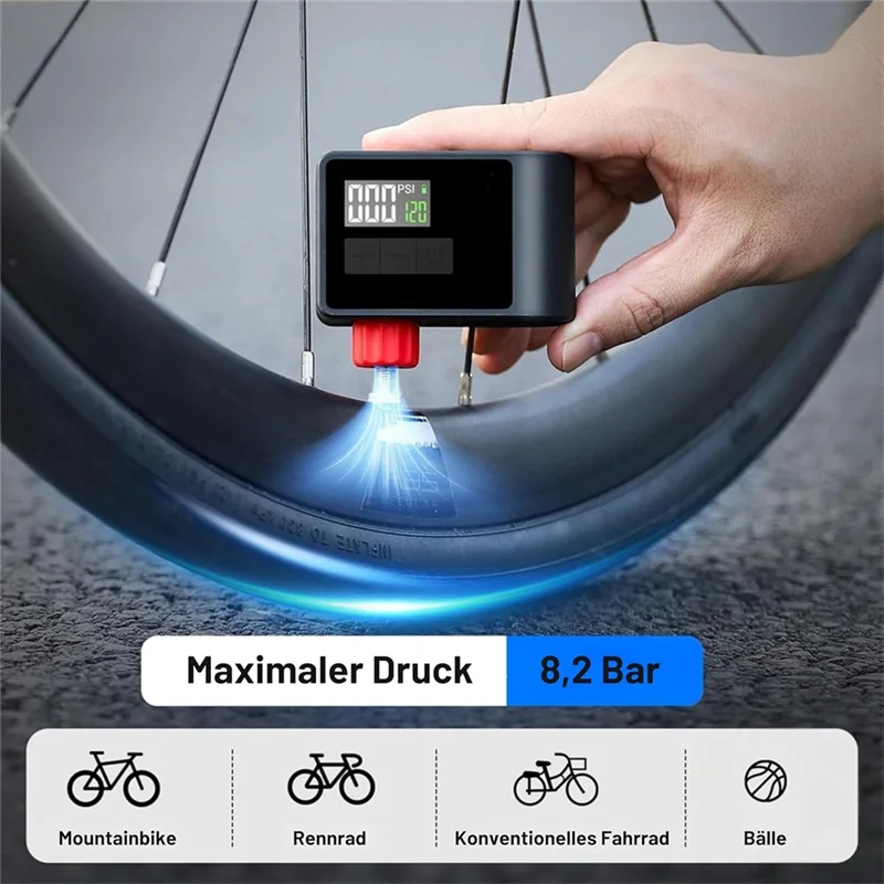 

Auto Shut-Off, Mini Electric Bike Pump Integrated Pressure Gauge& LED Light, 120 PSI Charging Functionality For Road Bikes