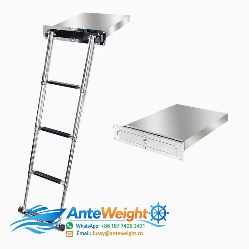 Stainless Steel 4-Step Telescoping Boat Ladder with Recessed Storage Box, Hidden Marine Swim Ladder with Anti-Slip Steps