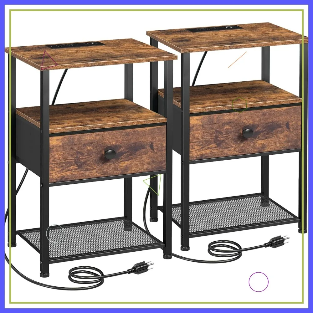 

Набор из 2 тумбочек с зарядной станцией, тканевым ящиком и полкой для хранения для спальни или гостиной коричневого цвета в деревенском стиле