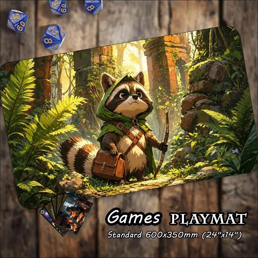 TCG Tabletop Playmat Cute Fantasy Raccoon In Forest Print Large Non Slip Rubber Pad Smooth Cloth For Trading Card Table Battles