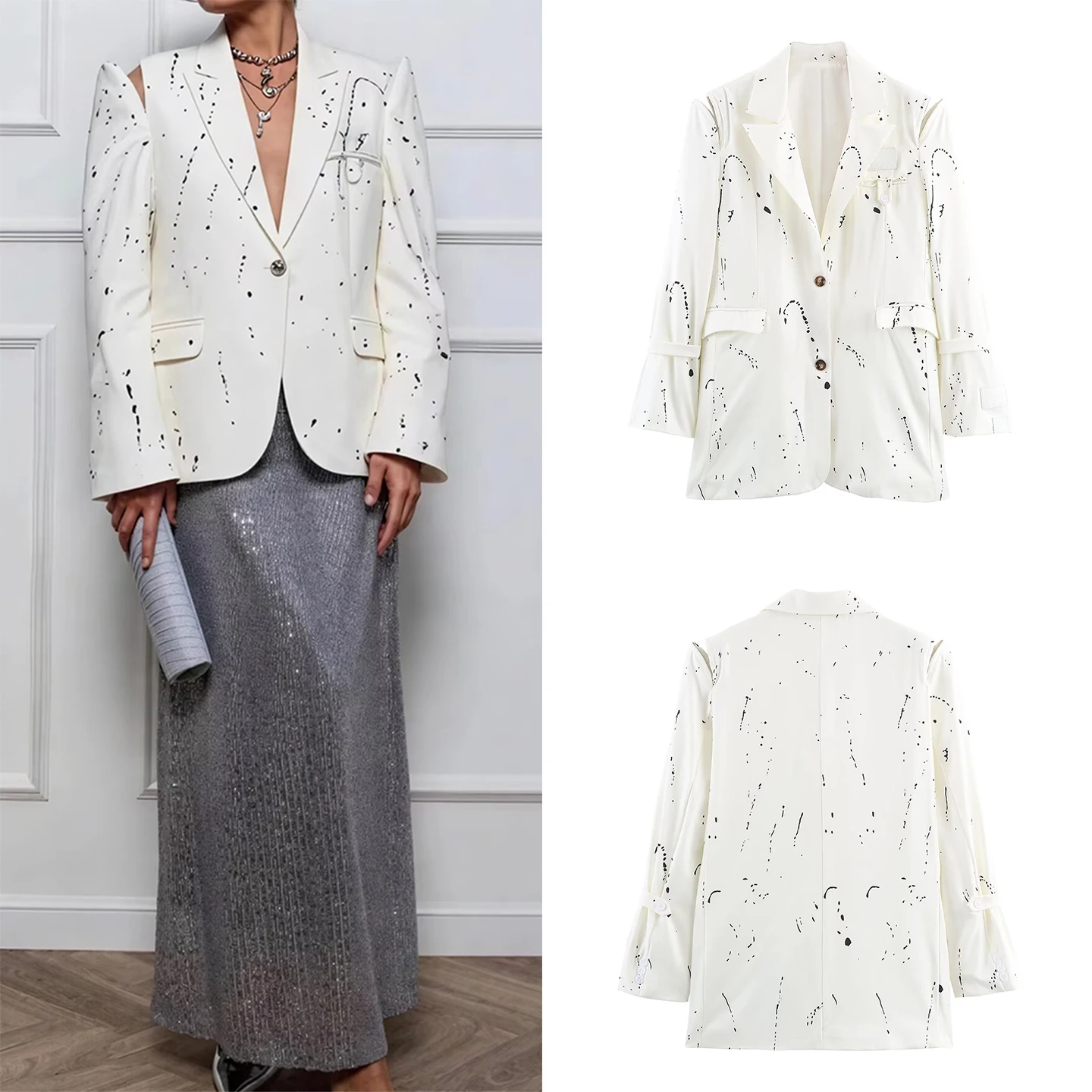 

Ele Faionable Women's Suit Jaet oulder Bared Commuting Splaed Ink Print Long Sve Autumn 2025 Z Casual Wear