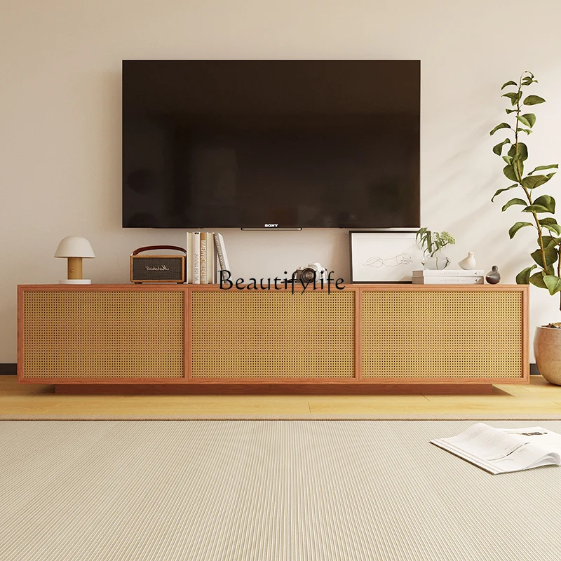 

Nordic simple living room against the wall TV cabinet household rattan Japanese log wind