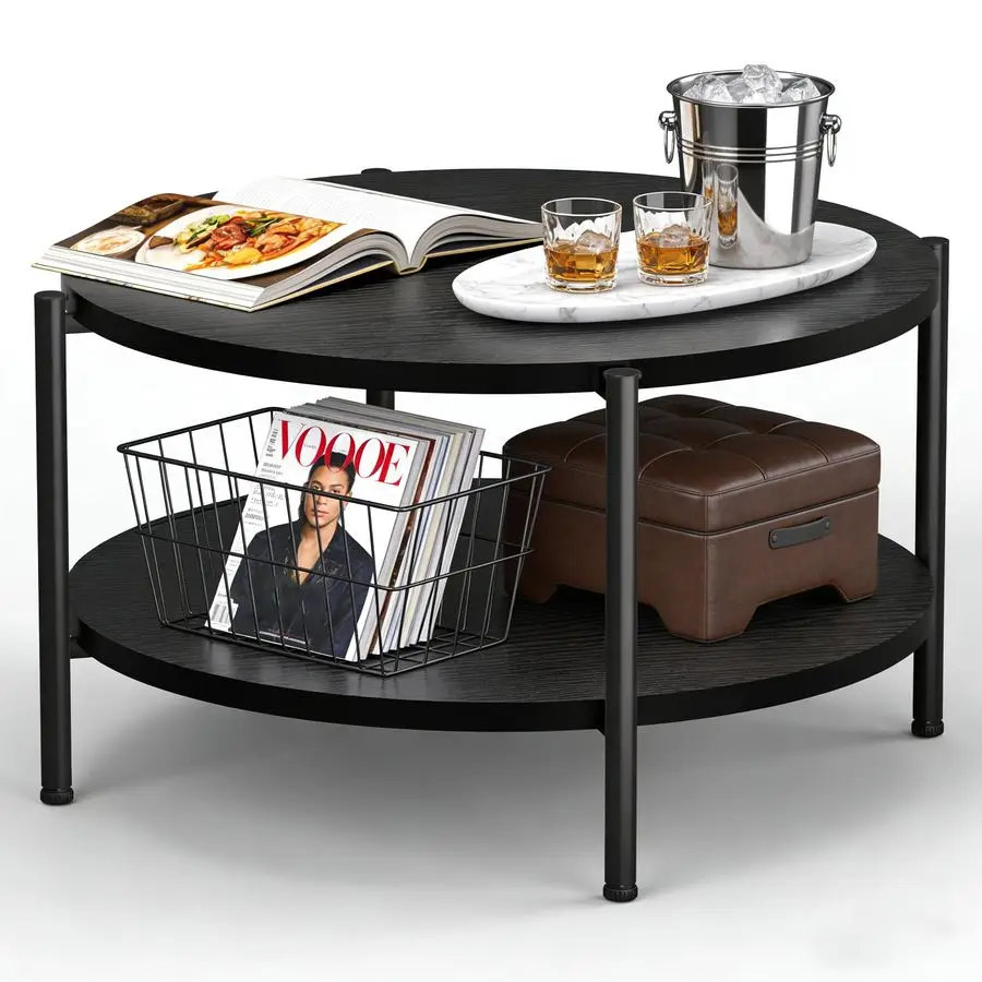 

Круглый журнальный столик с 2 ярусами, черный, современный, для гостиной, компактный, с прочной металлической рамой, простая сборка
