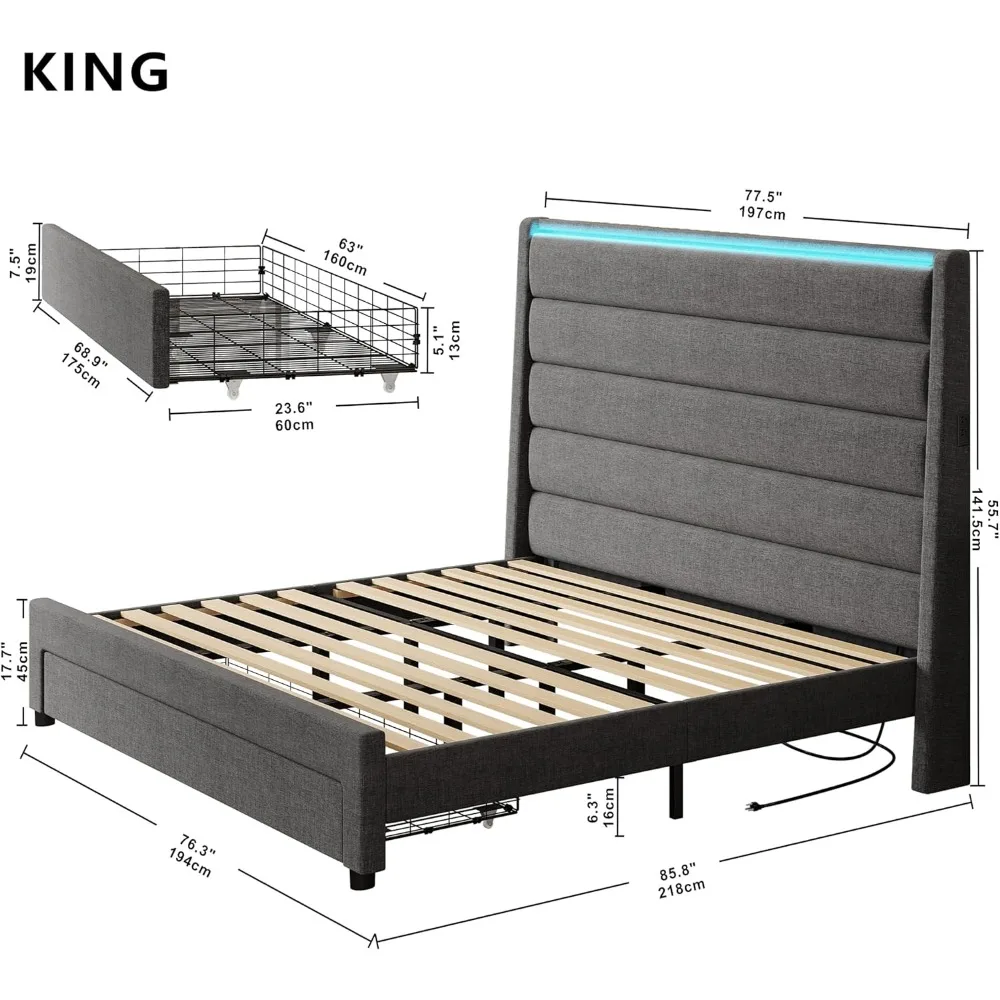 King Size Bed Frame with 55 Inches All Wingback Headboard & Drawer & 2 Charging Station, Upholstered King Platform Bed, No