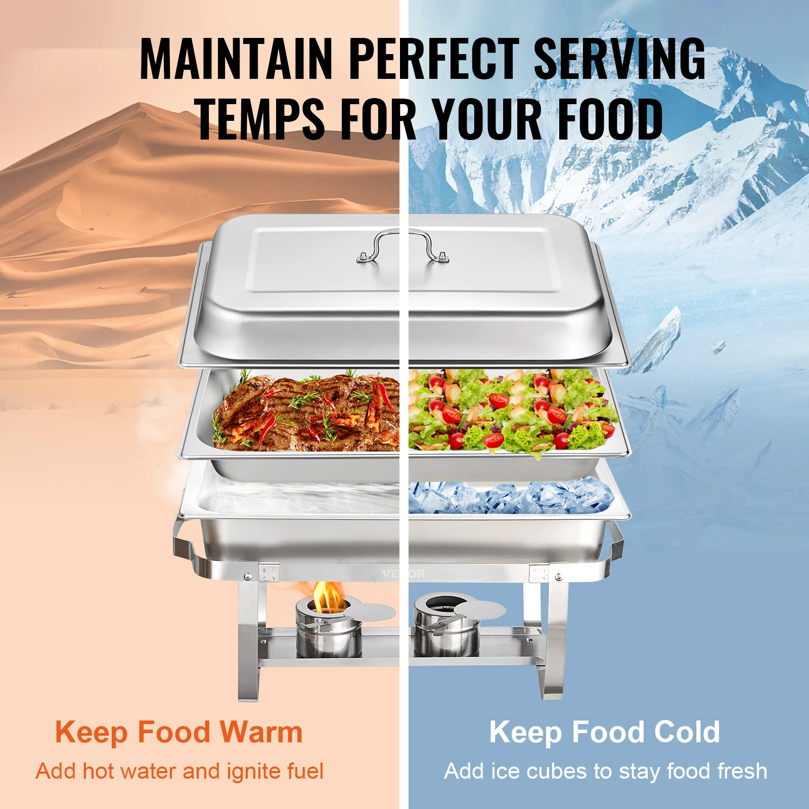 VEVOR 2/4/6 Packs 8QT Rectangle Chafing Dish w/ Full Size Pans Buffet Catering Warmer Server Folding Stand Fuel Holder Tray