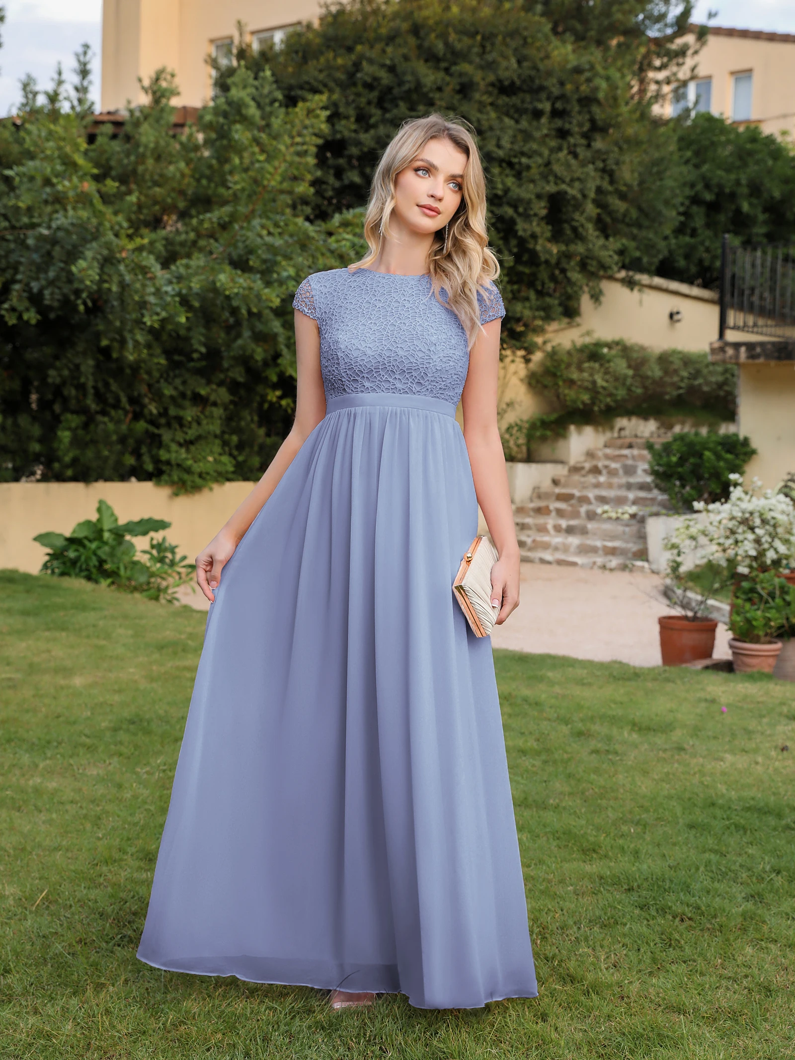 Simple Dusty Blue ชุดผู้หญิง Lace Patchwork O-คอสั้นแขนยาวชุดชีฟองจีบ Empire Prom Party Maxi ชุด