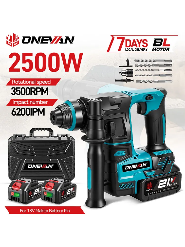 ONEVAN 2500W Bürstenloser Elektrohammer 3500 U/min Kabelloser Leichter Bohrhammer Schlagbohrmaschine für Makita 18V Akku