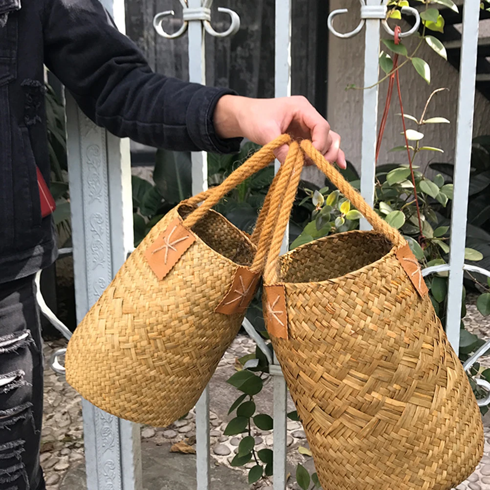 

Flower Pot Seagrass Baskets Natural Handmade Flower Basket Woven Yellow Storage Basket for Plants Braided Rattan Desk