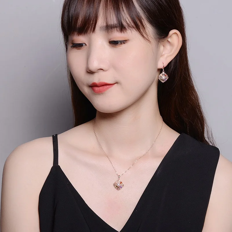 Women's Fashion Colorful Zircon Earrings/Necklaces Jewelry Sets Shiny Crystal Pearl Female Charm Wedding Accessories Jewelry image 6