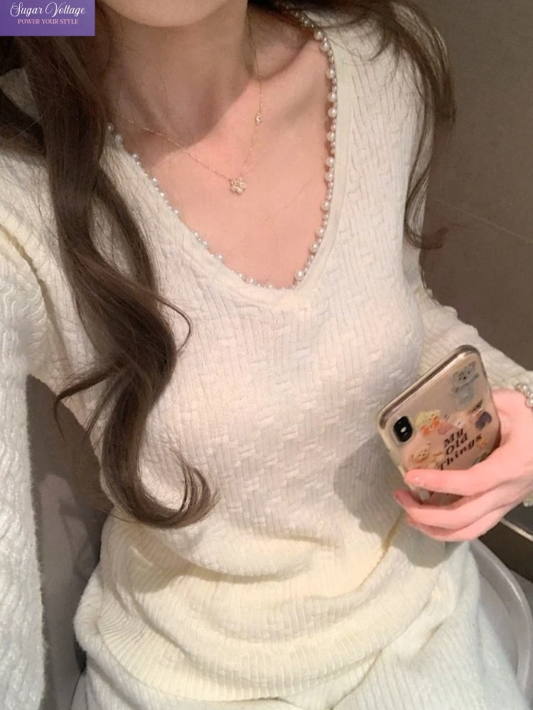 

American Vintage Hot Girl Style Knit Tops Women Slim Fit Long Sleeve V Neck Sweater Chic Autumn Fashion Casual Street Outfits