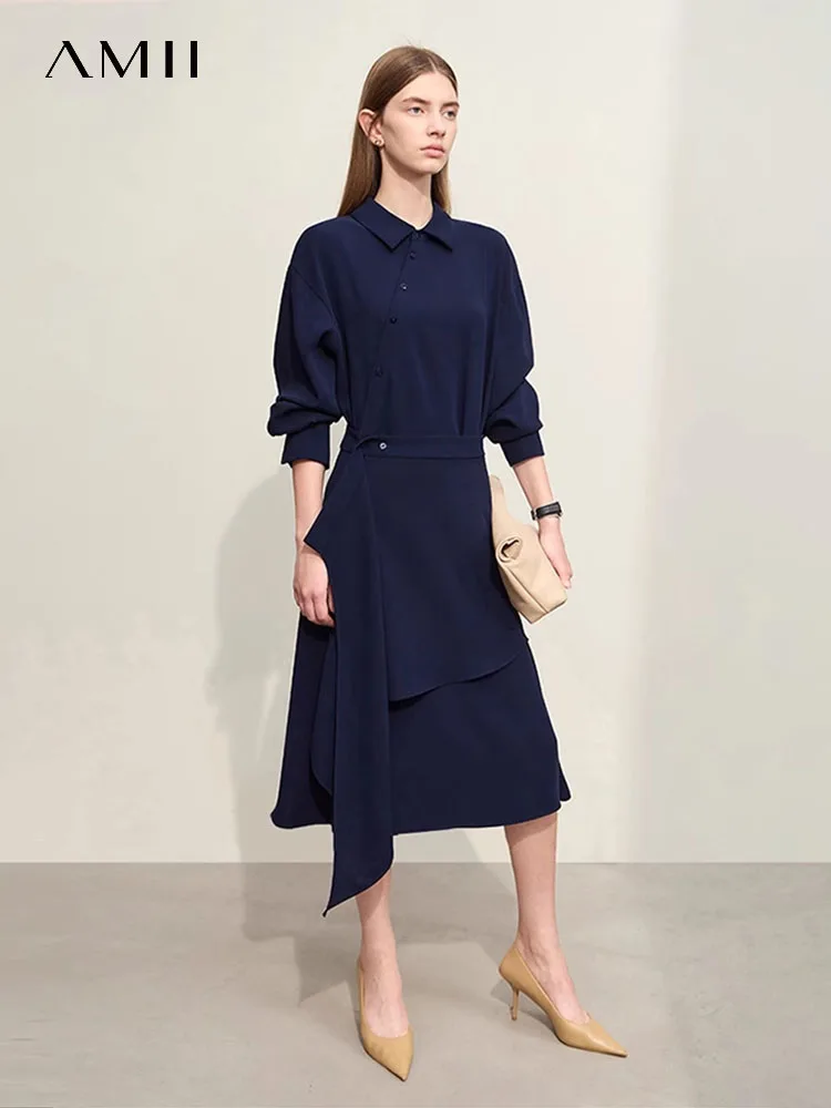 

Amii Minimalism Dresses For Women 2024 Spring New Shirt Collar Midi Asymmetric Button Silk Woven Loose Chic Lady Dress 12441205