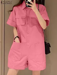 2024 Zanzea Zomer Rompertjes Dames Mode Revers Hals Korte Mouw Cargo Jumpsuits Effen Losse Vakantie Overall Casual Playsuits