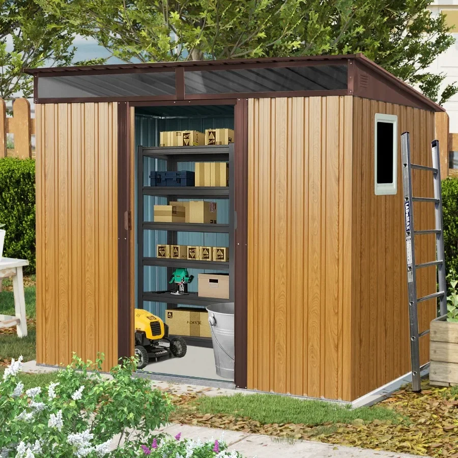 

8 ft x 6 ft Outdoor Metal Storage Shed with Window and Transparent plate for Garden Lawn Coffee