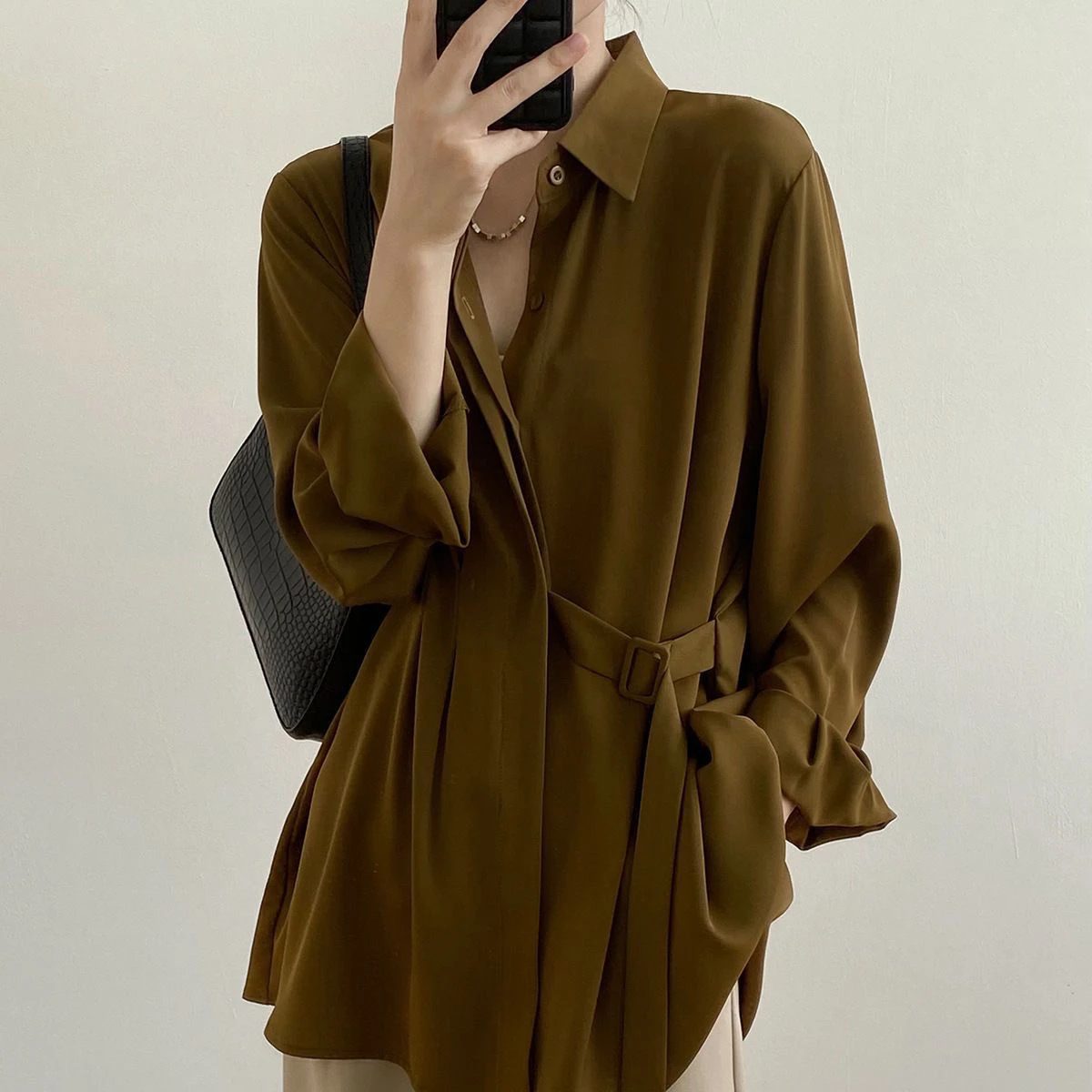 Women's Long Sleeve Chiffon Shirt Side Bow Tie Draped Style Autumn Lazy Fashion Design Sense  Market Top Polyester Fiber
