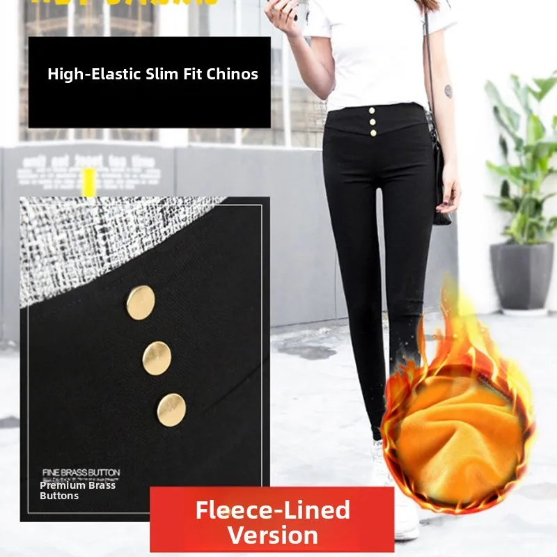 Women's Autumn Winter Korean Style Three-Button Pencil Pants Nine-Tenths Outerwear Black Woven Slim Fit Trousers