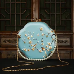 Cape-Bay Brand Women's Small Shoulder Bag, Crossbody Bag, a Niche Favorite among Ladies' Bags, Chinese Suzhou Embroidery Craftsmanship, Silk-Like Fabric, Floral and Bird Pattern Embroidery, Small Bag for Girls, Women's Evening Bag, Gold Metal-Edged Hard Shell Small Round Bag, Fashionable Lock Buckle Chain Bag, Beaded Pendant Bag, Women's Bag for Cheongsam