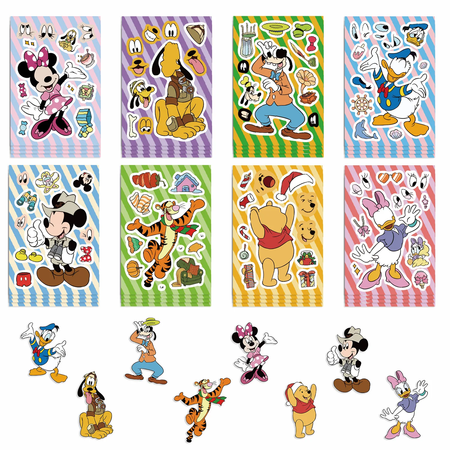 Disney-Mickey Mouse漫画パズルステッカー、DIY、電話、ラップトップ、荷物、スケートボード、落書きステッカー、楽しい、子供向けギフト、8枚、16枚