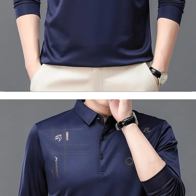 Spring and Autumn Men's Pullover Polo Button Solid Printing Rhinestone Long Sleeve T-shirt Polo Bottom Fashion Formal Tops