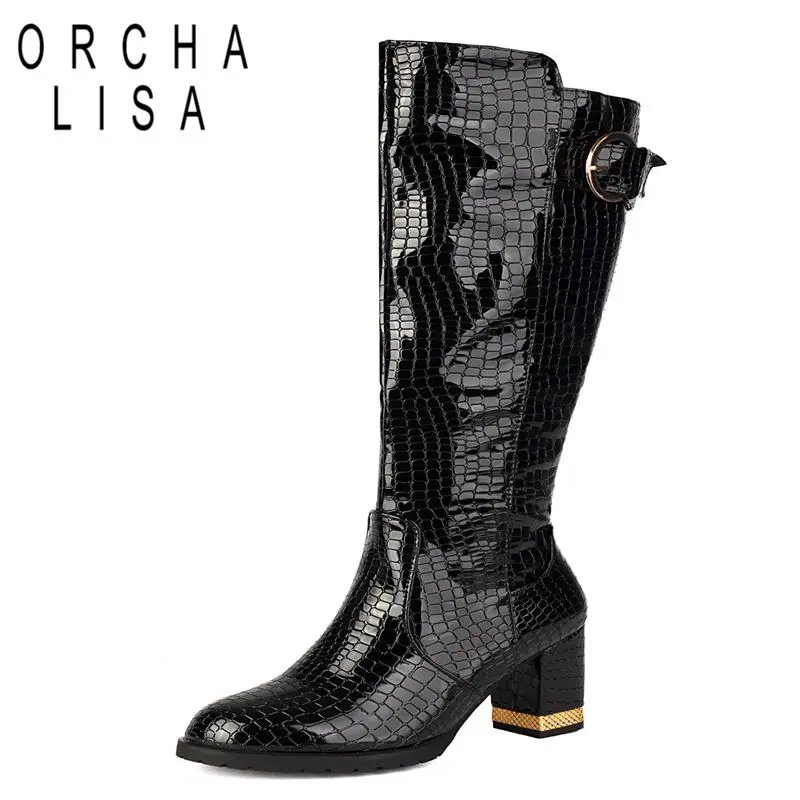 

ORCHA LISA 2025 Роскошные женские сапоги до колена с круглым носком на массивном каблуке 7 см, пряжки на молнии, большие размеры 41 42 43 Модные ботильоны