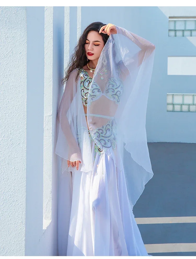 Professionelles Bauchtanz-Kostümset für Damen, schwebender Tüllrock mit großem Schwung, Bühnen- und Wettbewerbskleidung, Bauchtanz-Outfit – Detail 11