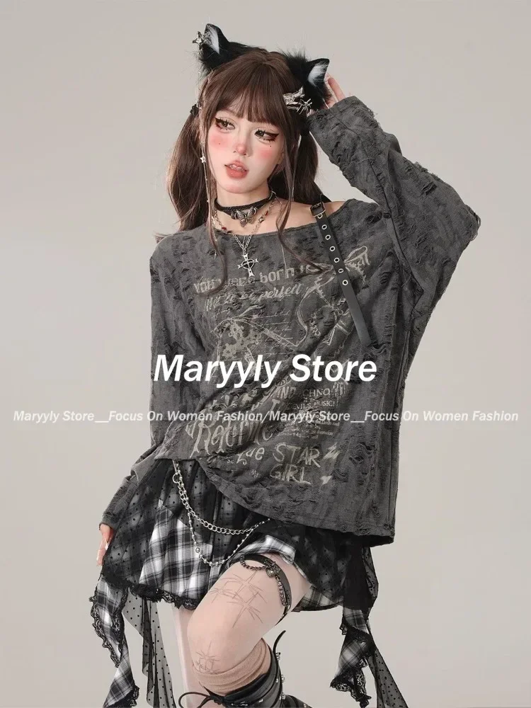 2024 Autumn Gothic Grunge Dark Hollow Out T Shirt Women Harajuku Hollow Out Off Shoulder Sexy Tees Female Punk Letter Print Tops