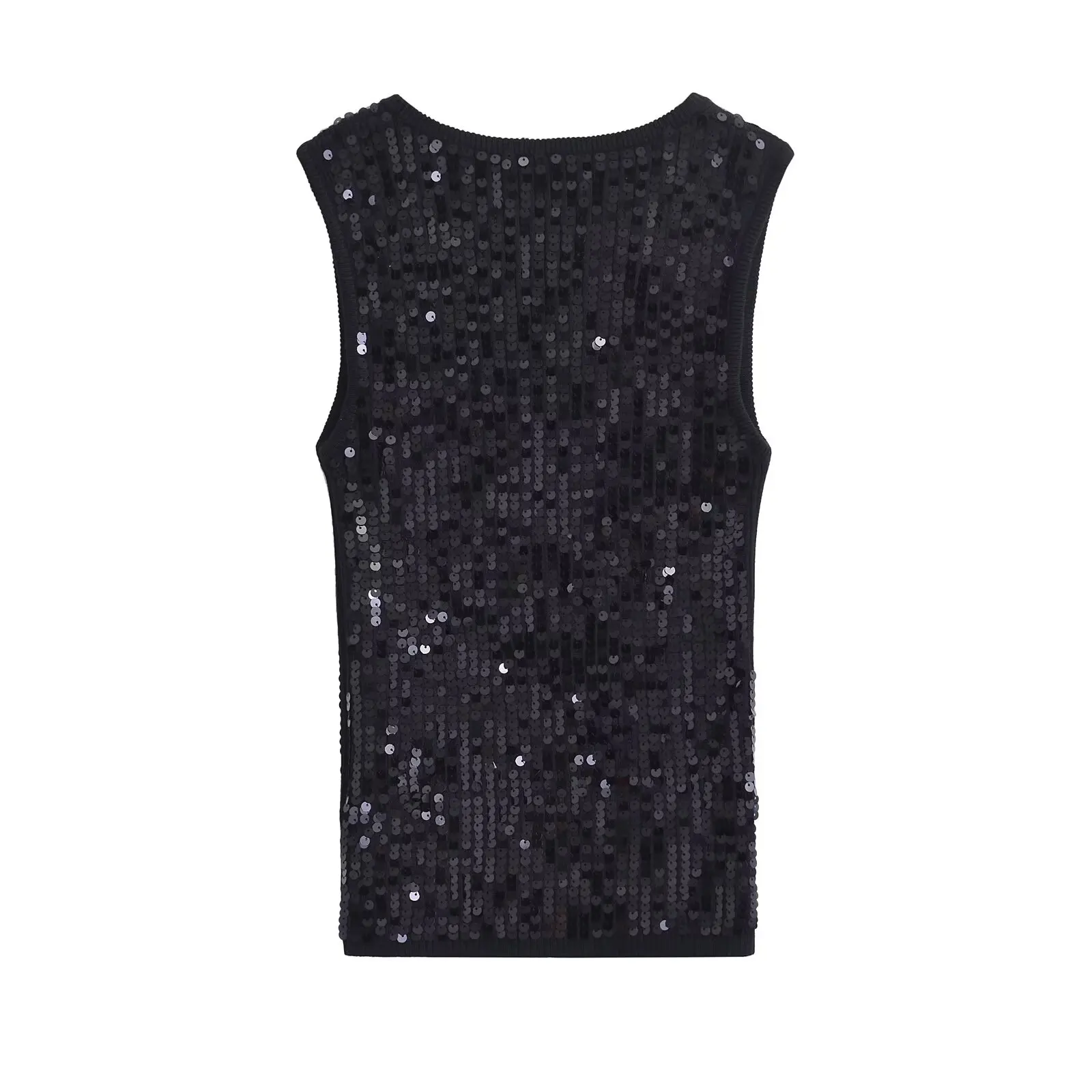 TRAF Stretch Knitted Shiny Sequins Women Tanks Sweater U Neck Sleeveless Slim Vest Feamle Crop Top Y2K Black