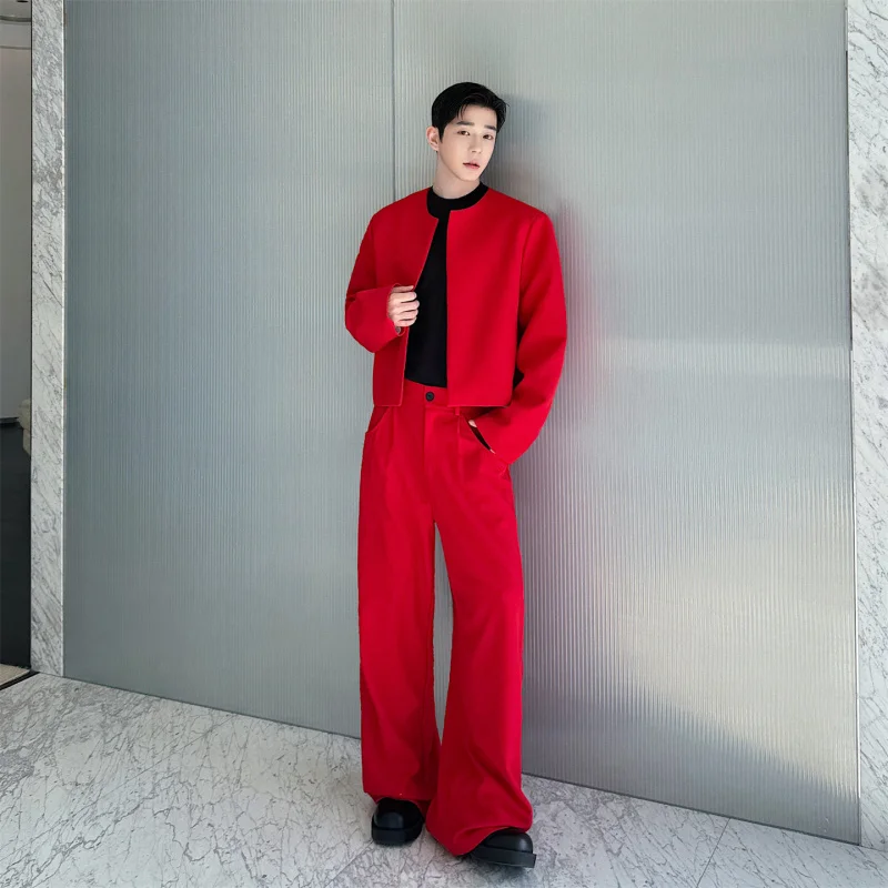 

Spring 2026 Men's Faionable Red ort Suit Set Wide Leg No Collar Walking ow Two Piece Set Casual Youth Polyester Blend