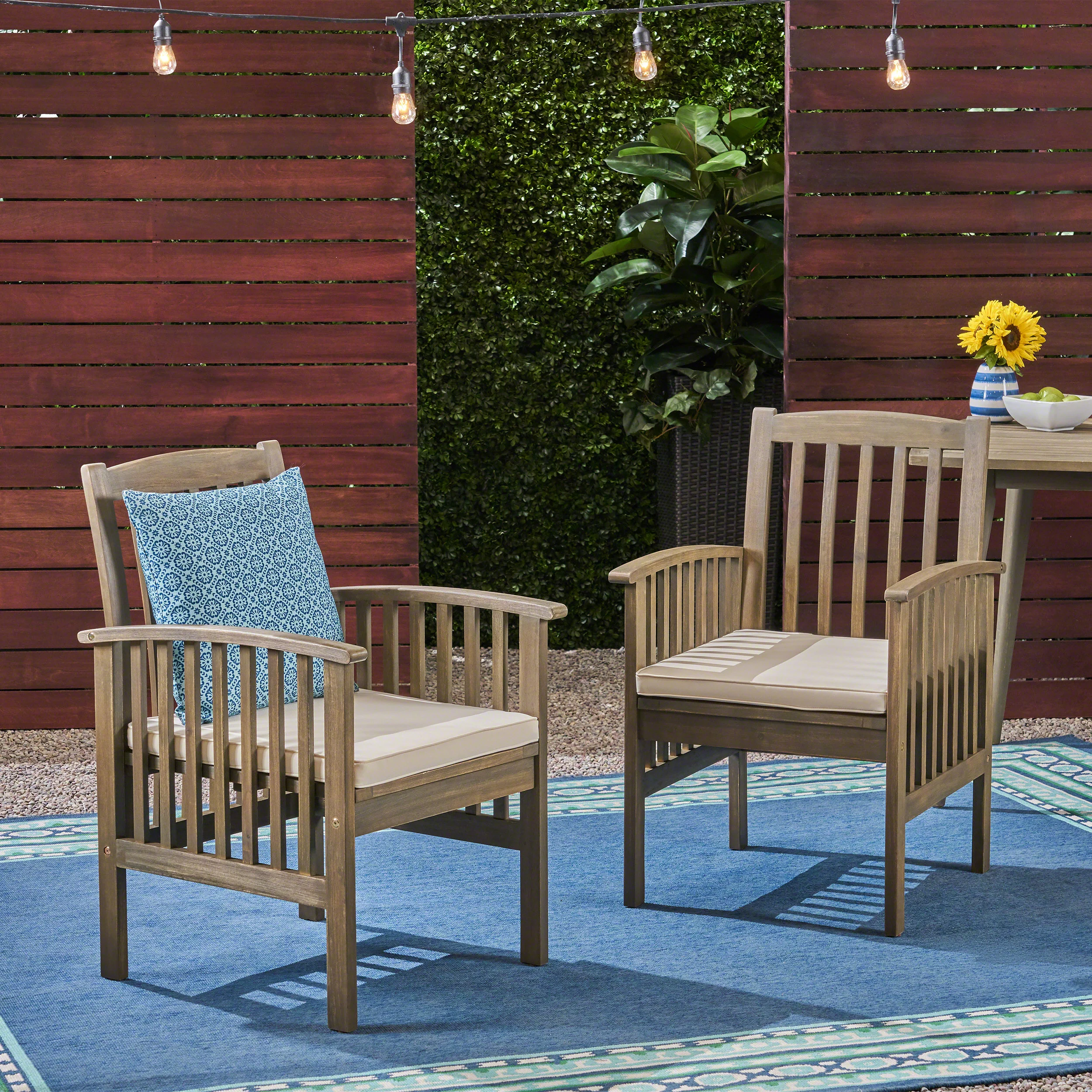 CASA ACACIA Outdoor Dining Chairs Set of 2, Solid Acacia Wood Patio Chairs with Water-Resistant Cushions, Weather Resistant Hardwood Frame with Hook and Loop Ties, Easy Assembly for Garden Backyard Porch Deck