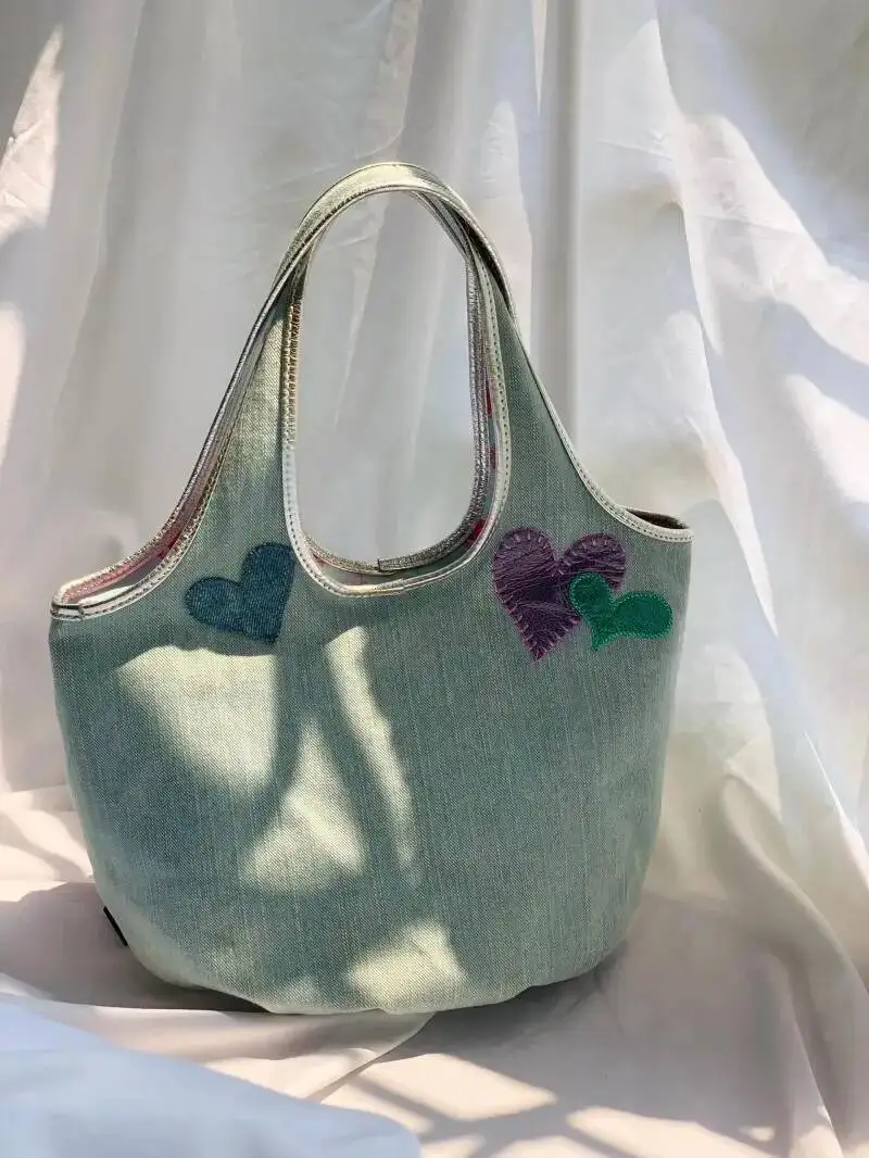 Bloom Heart Beading Y2k Bucket Purse Women Fairy Core Casual Denim Female Haruku Sweet Handle Underarm Bag Aesthetic