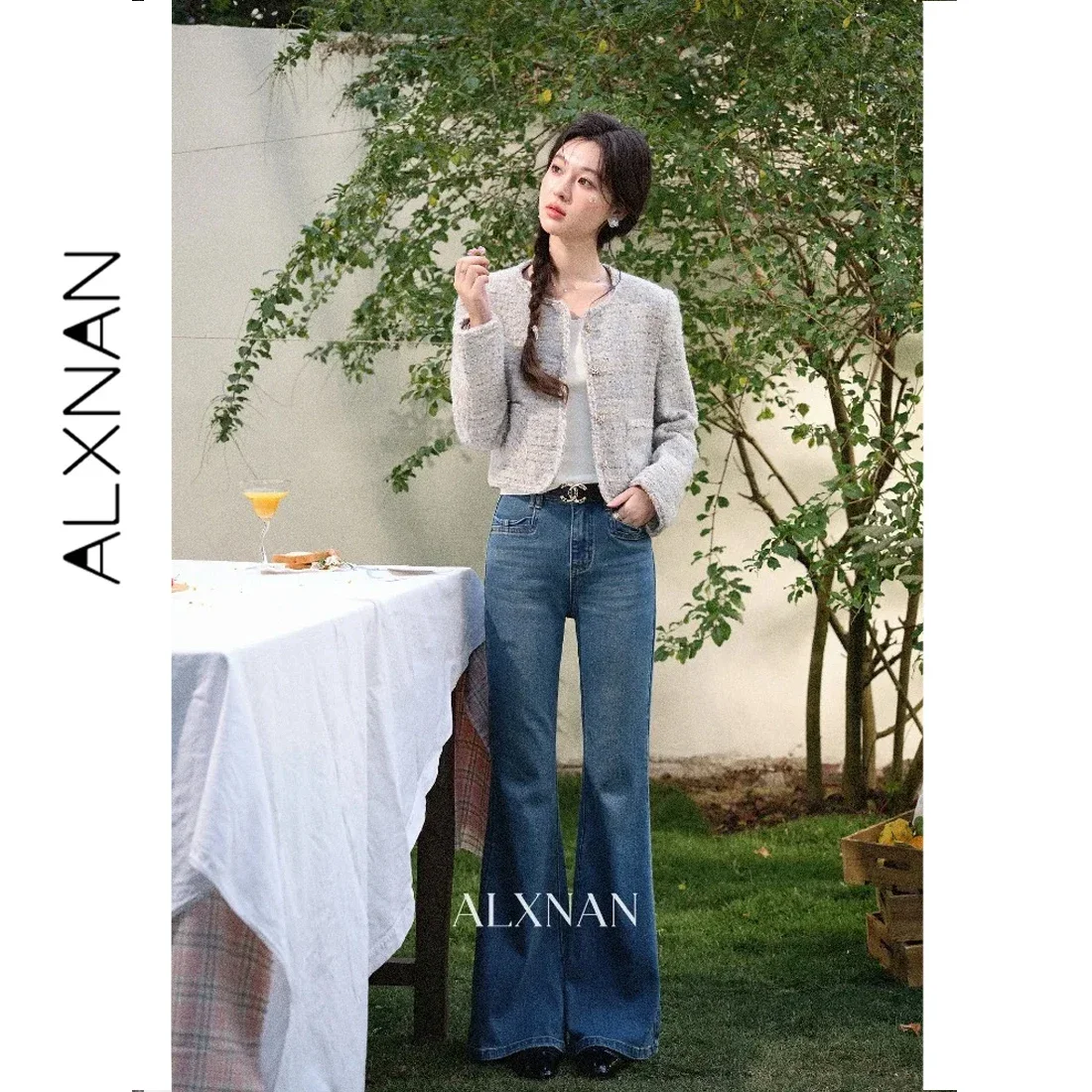ALXNAN Women's Jeans Vintage Bootcut Elegant High Waist Wash Blue Denim Pants 2026 Fall Fashion Casual Trousers Female L57028-2