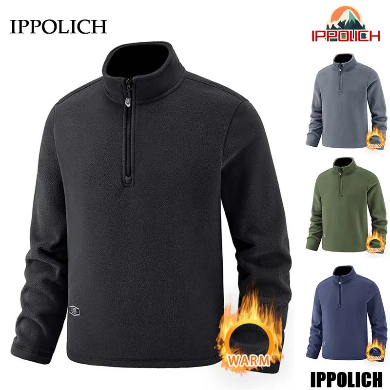 Winter Men's Sweatshirt Half Zipper Solid Color Thick Warm High Neck With Simple Pullover Top Inside Outdoor Running Sweatshirt