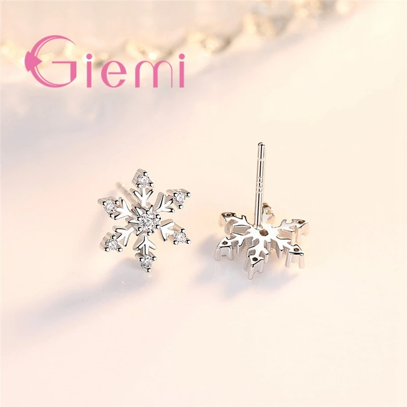 Lovely Christmas Gifts for Women Real 925 Stamped Snowflake Stud Earrings Micro Paved Crystals Sterling-Silver Jewelry