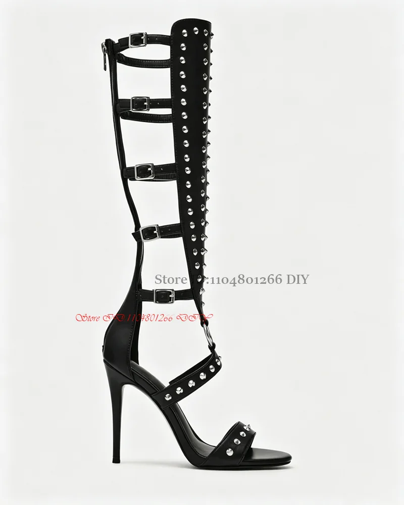 Pink Leather Gladiator High Heel Sandals Summer Boots Stud Decor Open Toe Stiletto High Heel Sexy Party Shoes Zipper Stilettos view 6