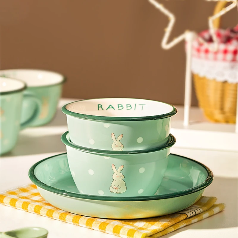 لطيف أرنب السيراميك أواني الطعام مجموعة الأطفال وعاء الأرز رسمت باليد الكرتون سعة كبيرة طبق فاكهة فرن الميكروويف الآمن
