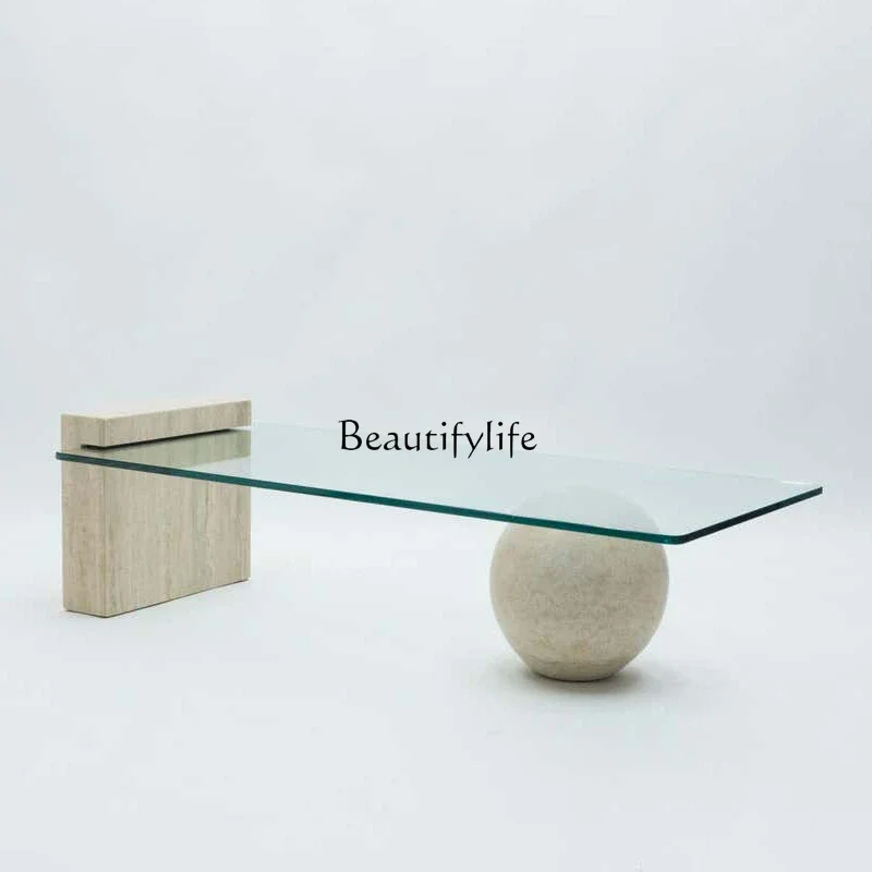 Rectangle natural travertine tempered glass combination coffee table small apartment sofa coffee table