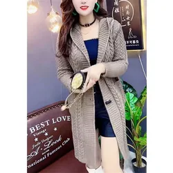 2024 New Korean Hooded Wool Knitted Cardigan Coat Women Autumn Winter Long Jacket Heavy Jacquard Outwear Sweater Tops Female