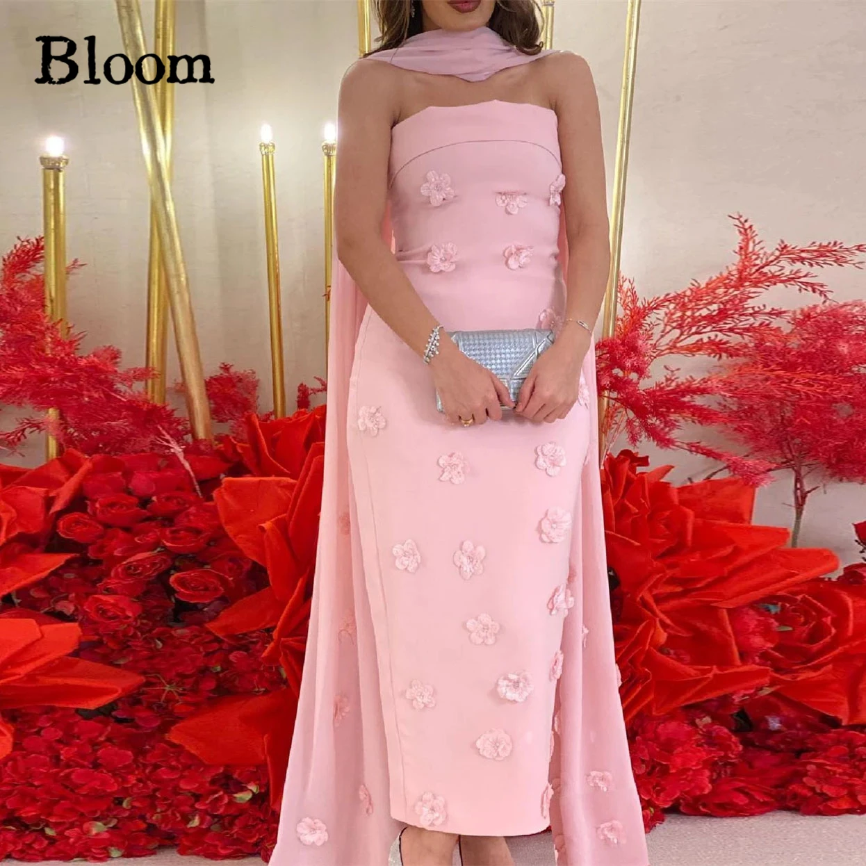 Bloom Customized Handmade Flowers Prom Dresses Vestidos De Saudi Arabia Women Wear Evening Dresses With Wrap Formal Party Gown