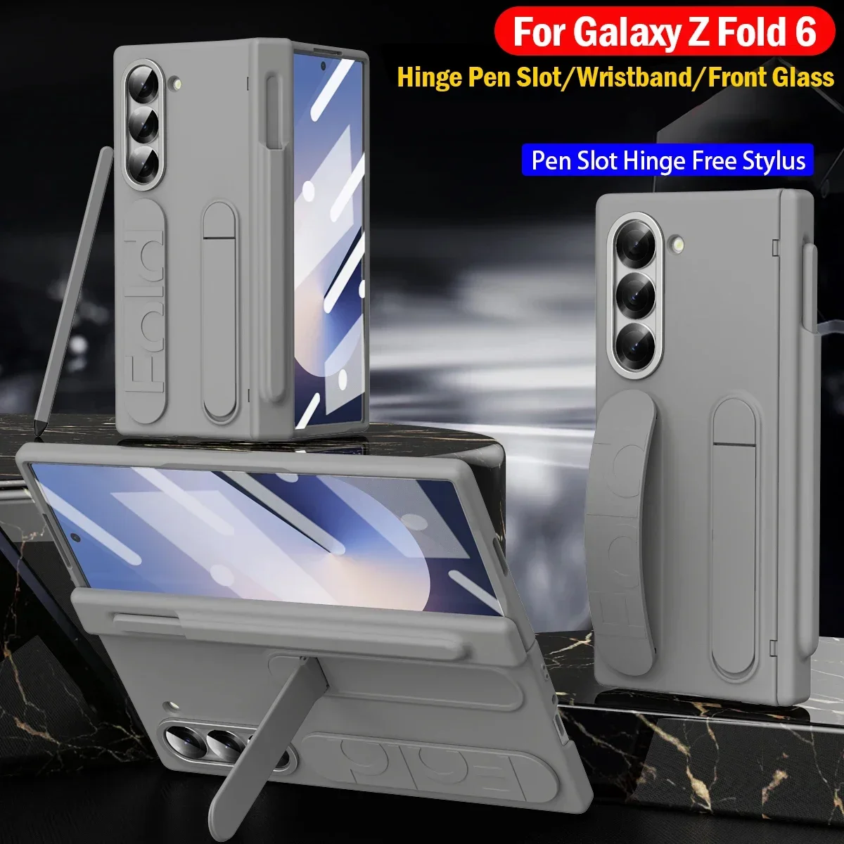 with Touch Pen Slot Hinge Funda for Samsung Galaxy Z Fold 6 5G Case Wristband Holder Front Glass Protection Plastic Cover Capa