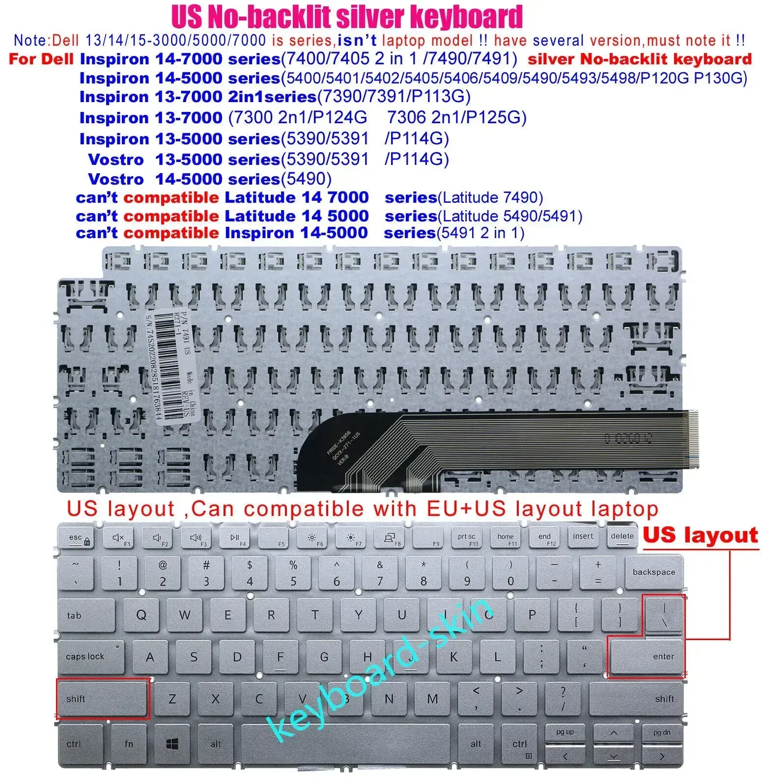 Silver US no-backlit Keyboard for Dell Inspiron 5400 5401 5402 5405 5406 5409 5490 5493 5498 P120G P130G 7400 7405 2n1 5390 5391
