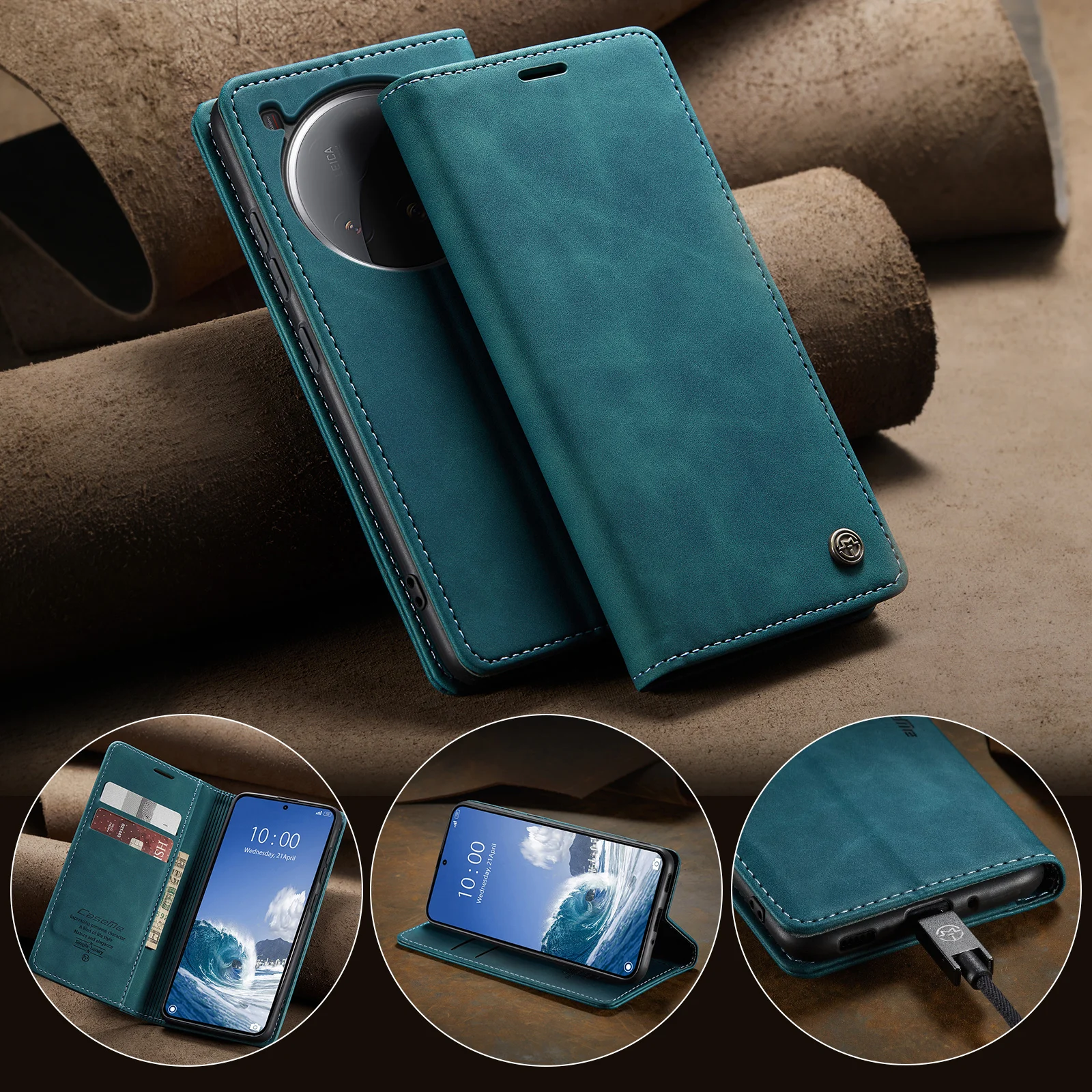 Caseme-013 لشاومي Mi 15 15Pro 15Ultra ، كتاب نمط محفظة جلدية قابلة للطي حافظة فتحة للبطاقات جيب كيس مزموم حامل الهاتف غطاء كامل