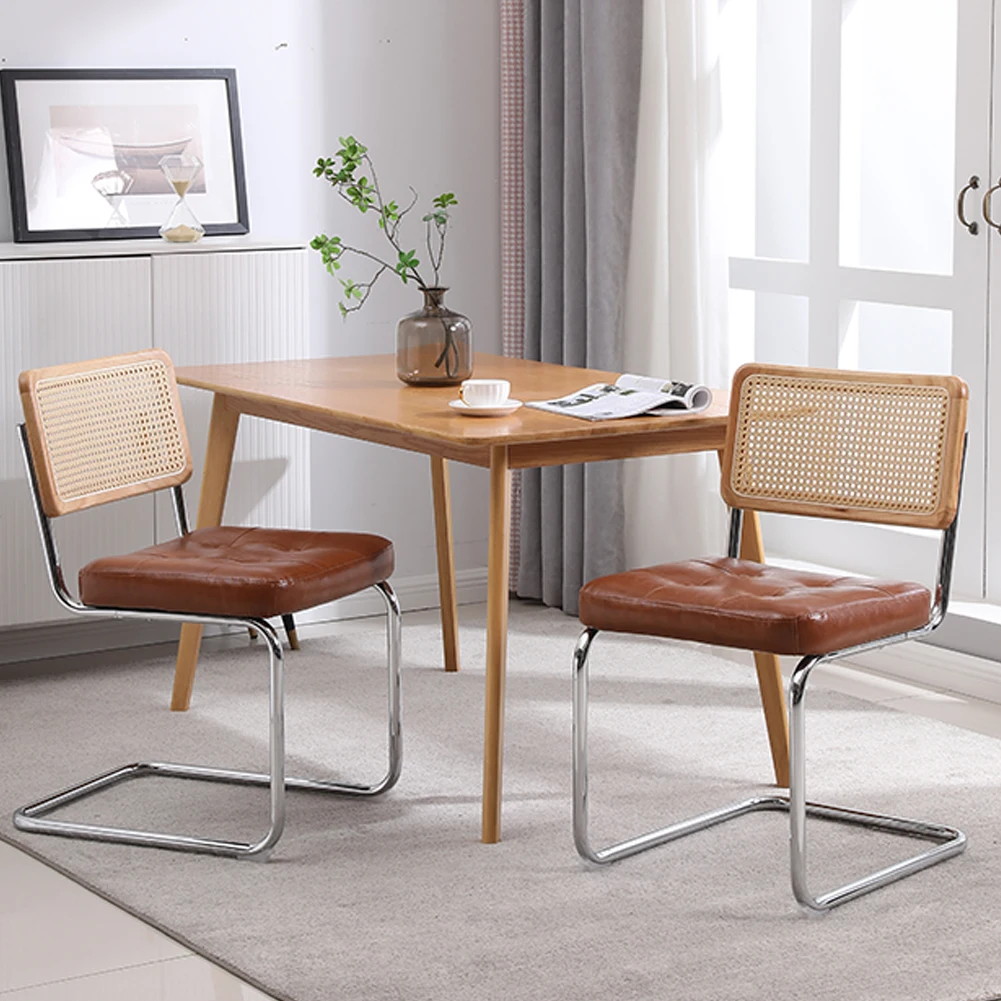 2pcs Rattan Dinner Chairs Upholstered Armless Chairs with Rattan Mesh Back Metal Legs for Kitchen Dining Room Waiting Room