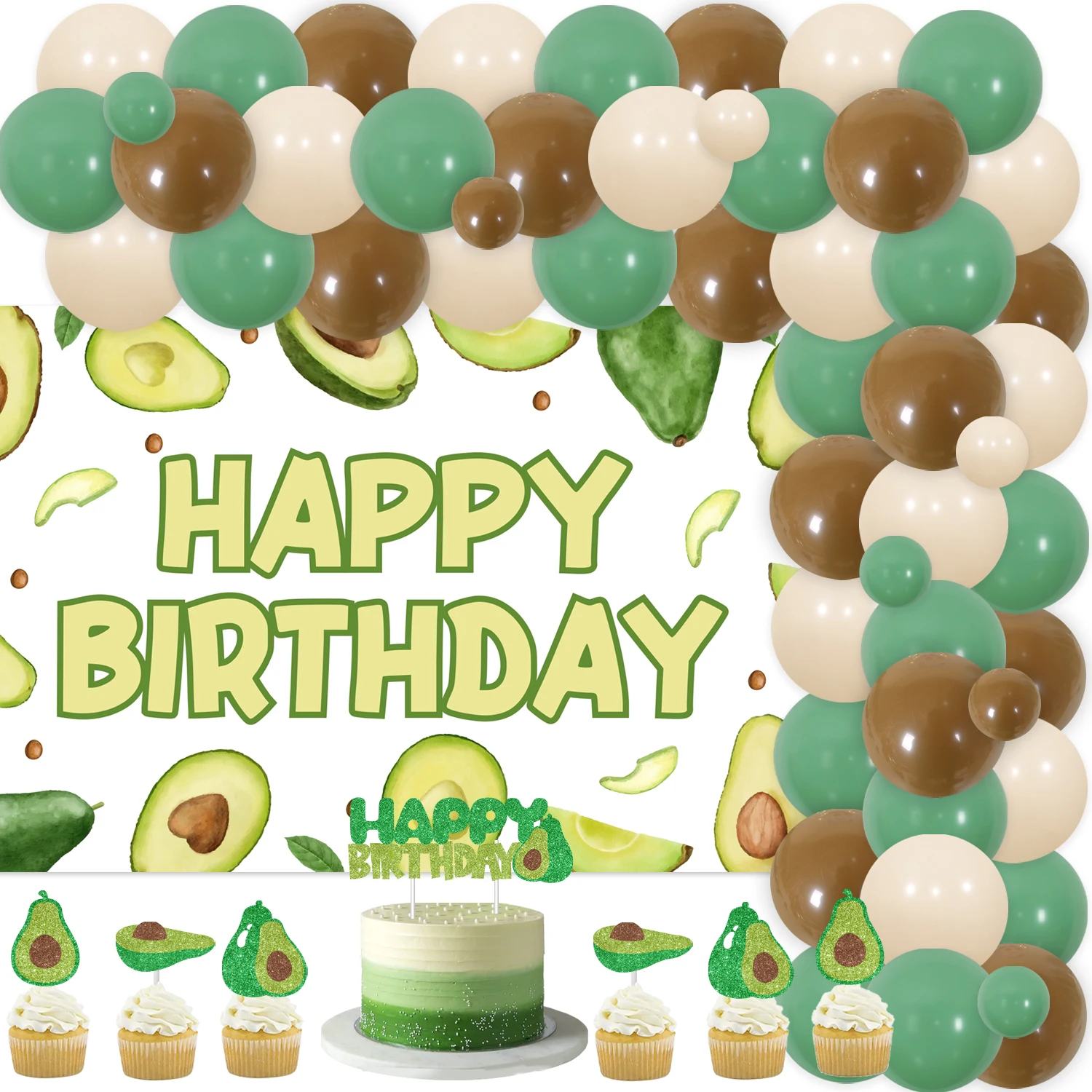 Avocado Themed Birthday Decor Balloon Garland Arch Kit Happy Birthday Backdrop Avocado Cake Topper for Boys Girls Party Supplies