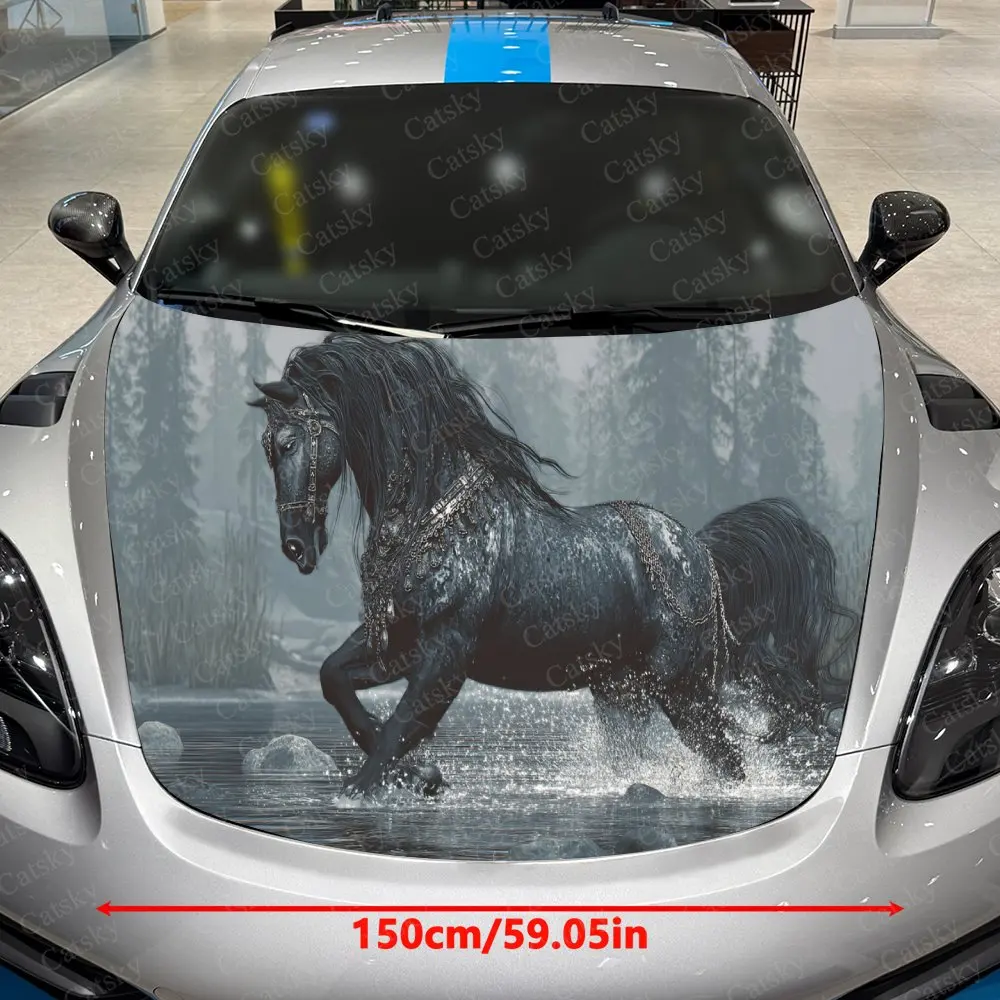 Pale Wood Ink Horse Splashing Wave Car Vinyl Wrap, PVC Waterproof Car Hood Sticker, Self-Adhesive Scratch-Resistant Stickers