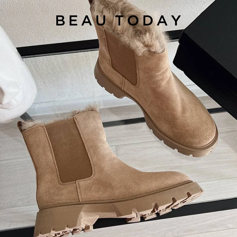 BeauToday Chelsea Boots kobiety zamszowe buty śniegowe ciepłe futro okrągłe Toe buty damskie na platformie Handmade 08206