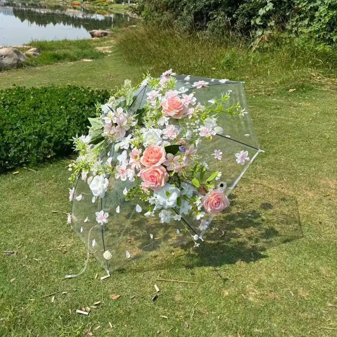 Location travel photography new wedding photography props flower umbrella sticky flower transparent umbrella small fresh fashion