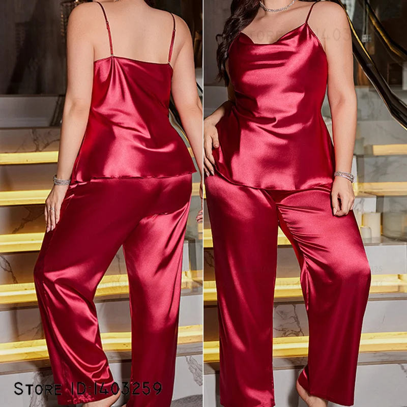 

PLUS SIZE бордовый ледяной шелк женский пижамный костюм сорочка пижамы сексуальное женское белье брюки без рукавов пижамный комплект свободная домашняя одежда 5XL